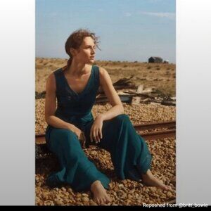 Anthropologie Elevenses Emerald Linen-Look Crochet Boho Wide Leg Pantsuit